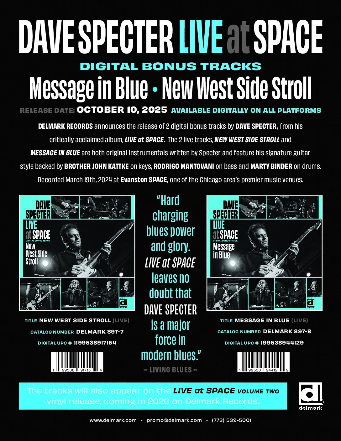 Delmark releases 2 new digital bonus tracks from DAVE SPECTER – preview for upcoming Delmark LP, LIVE AT SPACE, Volume 2!!